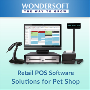 A square box in dark and light blue shades, Retail POS Software that provide solutions for pet shops installed in device